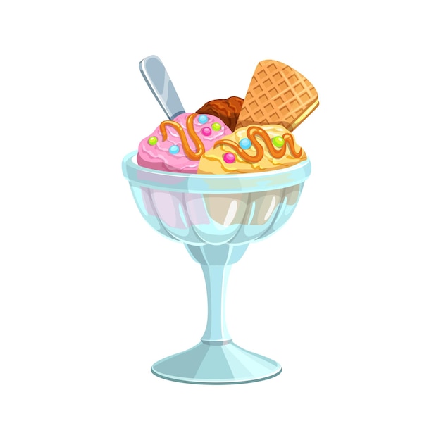 Vector comida de postre de sundae de helado de dibujos animados en vaso de vidrio