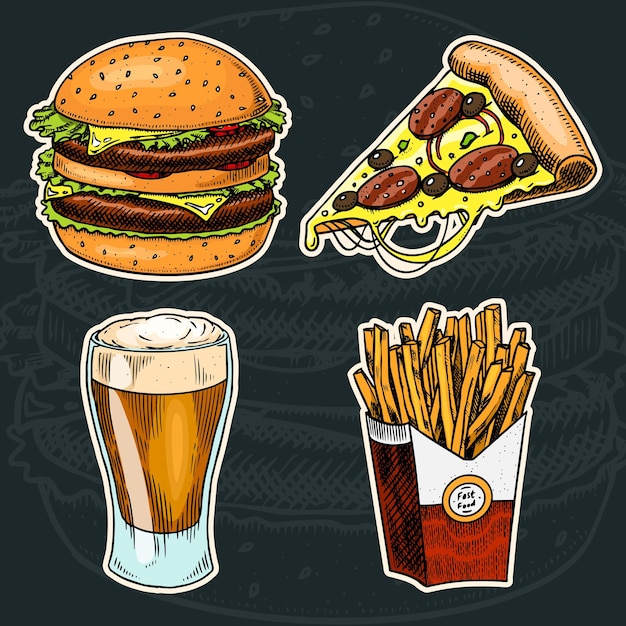 Comida rápida basura Hamburguesa y pizza cerveza y papas fritas en un fondo negro Boceto vintage para el menú del restaurante Pegatinas dibujadas a mano en estilo retro