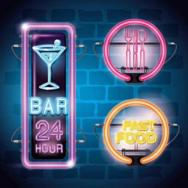 comida rápida y bebidas con iconos de luces de neón