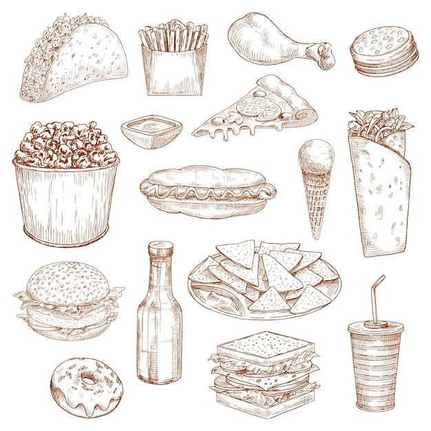 Comida rápida boceto vector iconos comida bocadillos bebidas