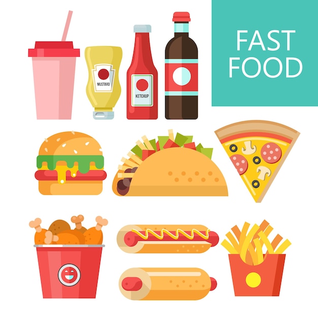 Comida rápida. Comida deliciosa. Ilustración de vector de estilo plano. Un conjunto de platos populares de comida rápida. Hot dog, hamburguesa, tacos, salchicha, pizza, pollo frito. Mostaza y salsa de tomate. Beber y batir.