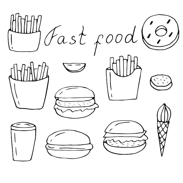 Comida rápida conjunto vector ilustración dibujo a mano garabatos