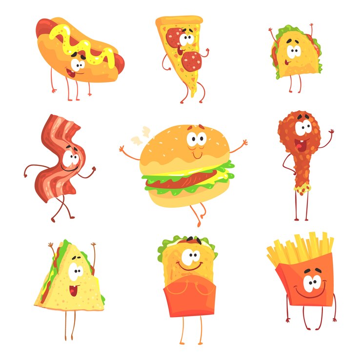 Vector comida rápida divertida, para diseño de etiquetas. ilustraciones detalladas de dibujos animados