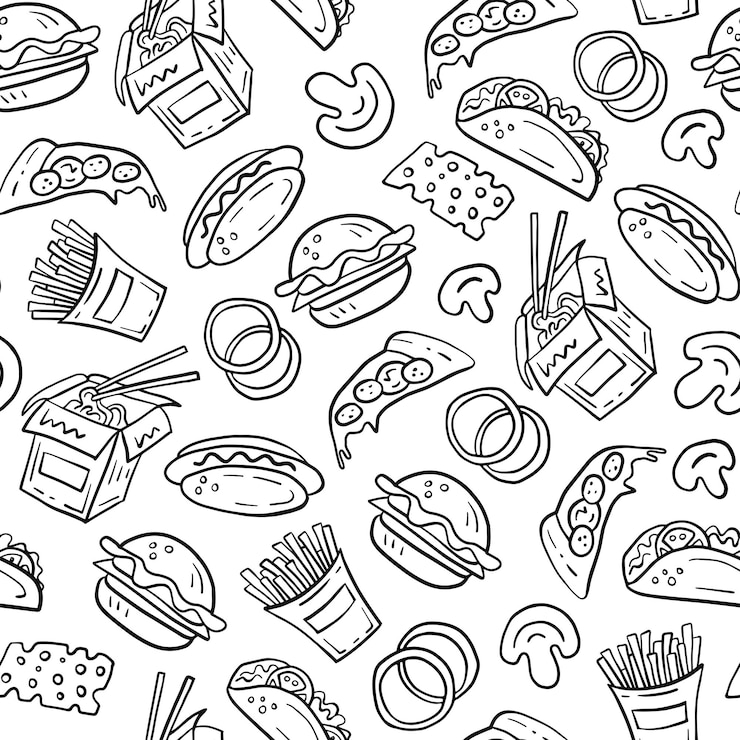 Vector comida rápida doodle estilo de dibujos animados de patrones sin fisuras