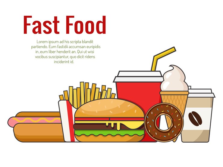 Vector comida rápida hamburguesa hot dog donut helado café y papas fritas