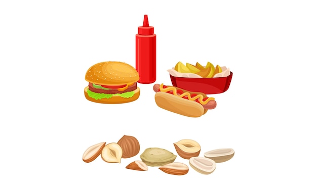 Comida rápida con hamburguesa y perrito caliente y pila de nueces como un conjunto de vectores de alimentos saludables y dañinos