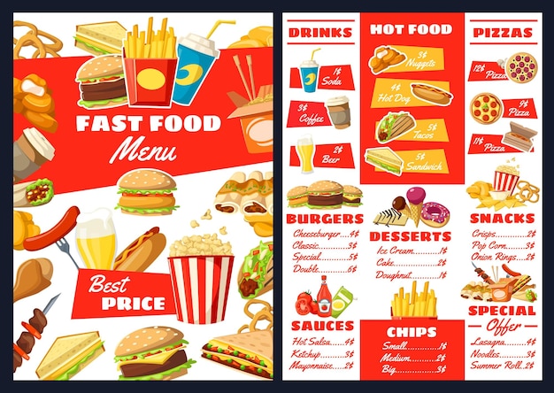 Vector comida rápida hamburguesas menú de bocadillos y postres