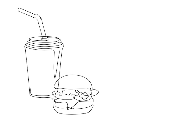 Vector comida rápida de hamburguesas y refrescos con un estilo de dibujo de arte de una línea continua conjunto de comida callejera boceto lineal de comida chatarra para llevar de una sola línea para el póster del banner del menú ilustración de trazo editable