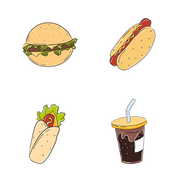 Comida rápida con hamurger, hot dog y papas fritas aislado en estilo dibujado a mano