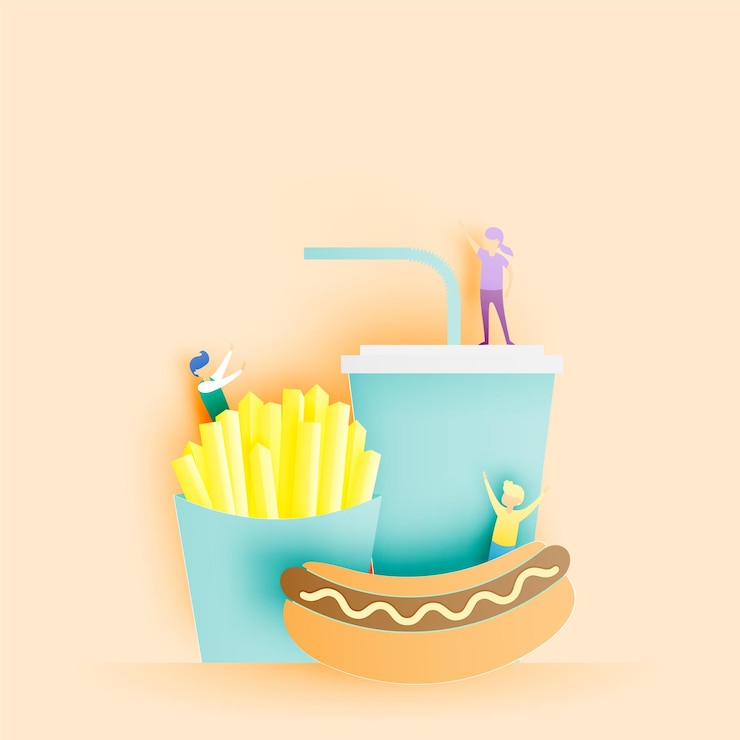 Vector comida rápida hot dog y refresco con papas fritas en estilo de arte de papel