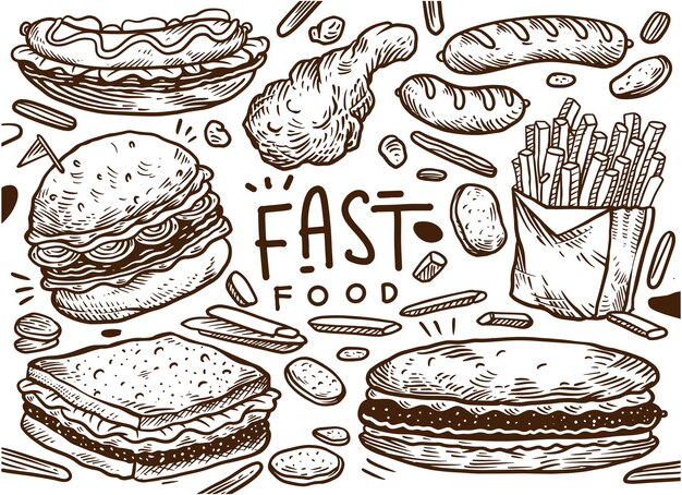 Comida rápida Ilustración dibujada a mano Hamburguesa Pollo frito Burrito y colección de pizza en ilustración de croquis aislada sobre fondo blanco