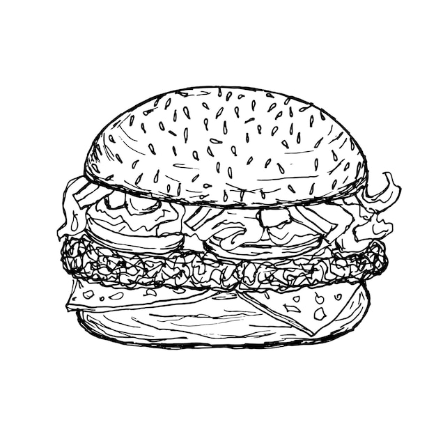comida rápida imagen de garabateo vectorial hamburguesa con carne y queso bocadillo no saludable estilo de vida deliciosa comida dibujada a mano