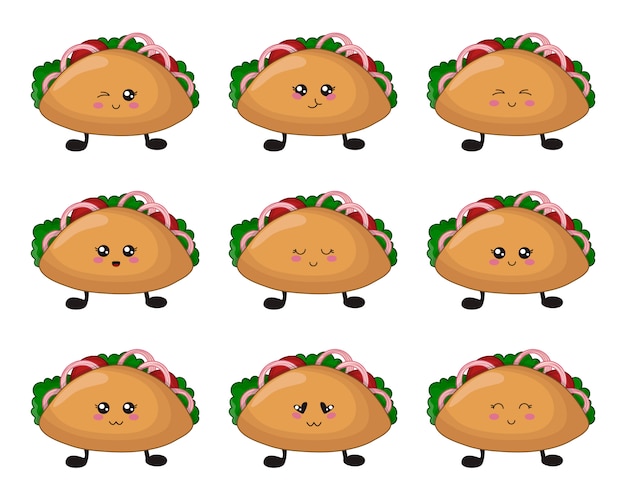 Comida rápida kawaii de dibujos animados - conjunto de tacos con emoji