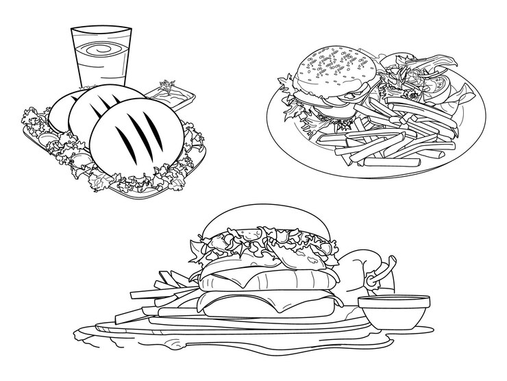 Comida rápida línea arte vector decorativo dibujado a mano desierto menú premium vector Vector Premium