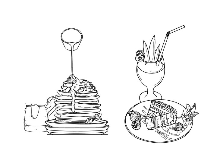Comida rápida línea arte vector decorativo dibujado a mano desierto menú Vector Premium