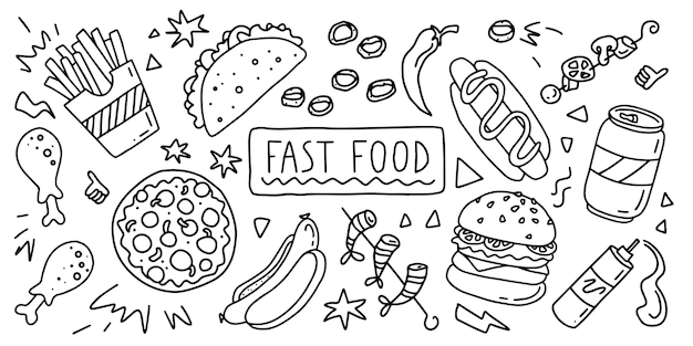 Vector comida rápida, línea simple, garabato, contorno, estilo, vector, acción, blanco y negro, ilustración