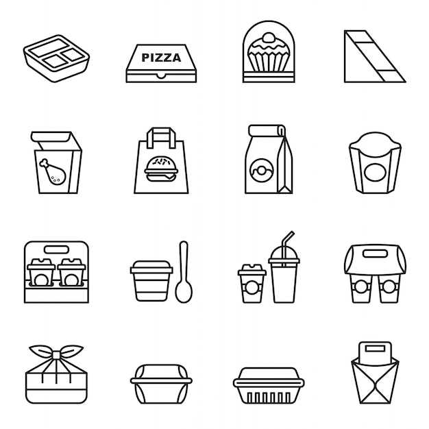 Vector comida rápida. para llevar. iconos de paquete para la entrega.