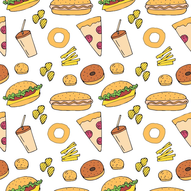 Comida rápida de patrones sin fisuras vector ilustración mano dibujo garabatos coloreados