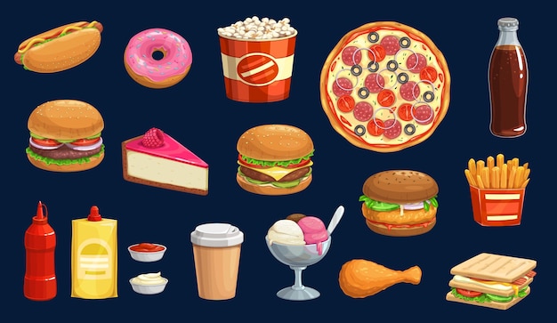 Comida rápida pizza hamburguesa hot dog y papas fritas iconos