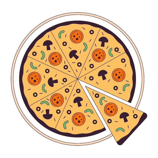 Comida rápida, pizza, plano, monocromo, aislado, vector, objeto, tradicional, italiano, plato, editable, blanco y negro, arte de línea, dibujo, simple, contorno, punto, ilustración, para, diseño gráfico web