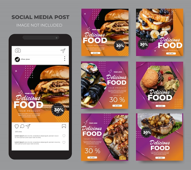 Vector la comida de las redes sociales establece una plantilla de diseño púrpura moderna