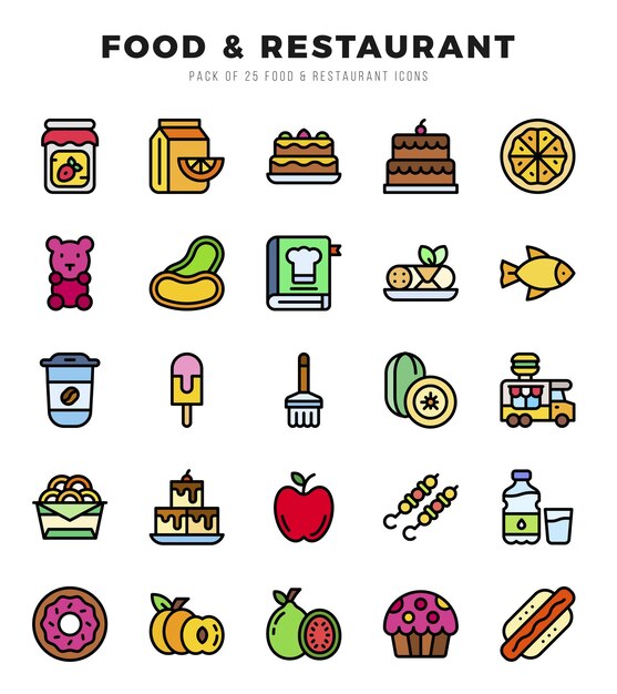 Comida y restaurante Icones paquete de estilo de color lineal Icones ilustración vectorial