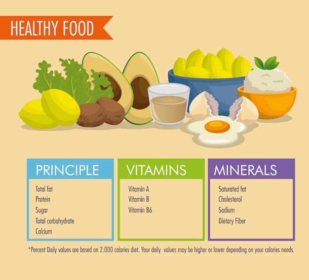Vector comida saludable con información nutricional