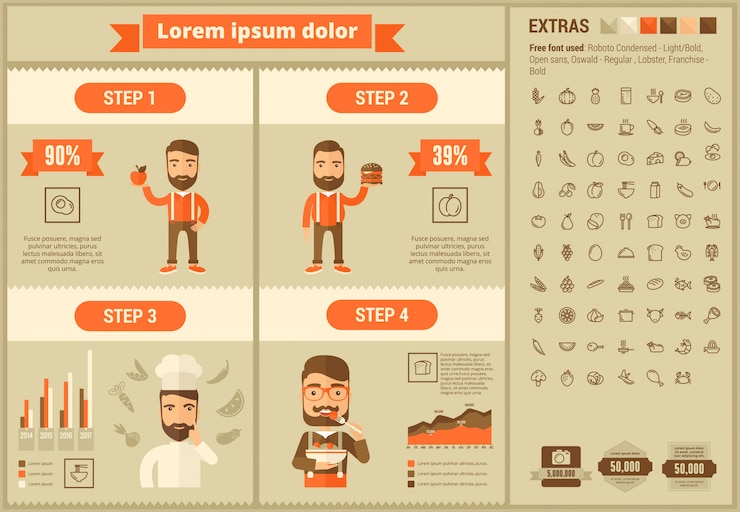 Vector comida sana diseño plano infografía plantilla e iconos conjunto