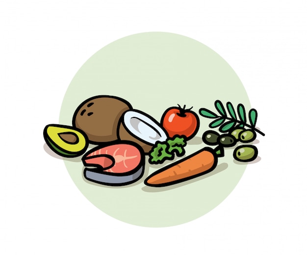 Comida sana y equilibrada. Superalimentos, desintoxicación, dieta, comida sana. Coco, zanahoria, aceitunas, aguacate y pescado. Icono de dibujos animados. ilustración. sobre fondo blanco.