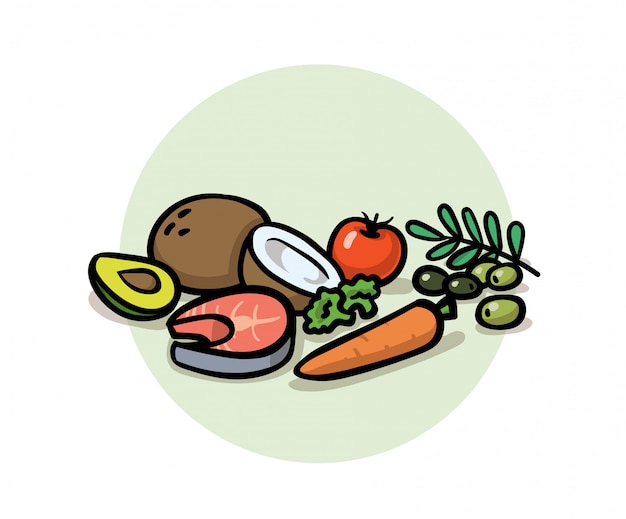 Comida sana y equilibrada. superalimentos, desintoxicación, dieta, comida sana. coco, zanahoria, aceitunas, aguacate y pescado. icono de dibujos animados. ilustración. sobre fondo blanco.