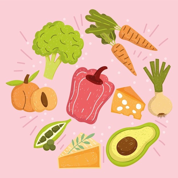 Comida sana nutrición aguacate fresco pimiento zanahorias melocotón cebolla guisantes brócoli ilustración