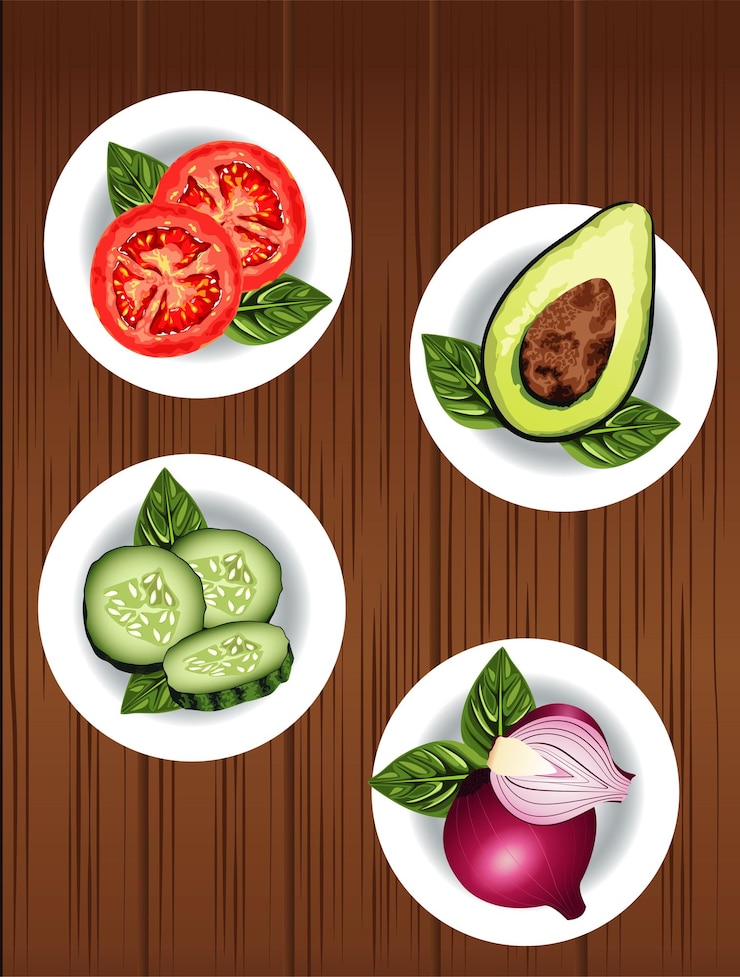 Vector comida sana vegetariana con verduras en un plato sobre fondo de madera