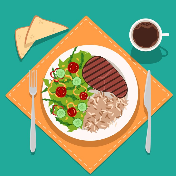 Vector comida servida con una taza de café.