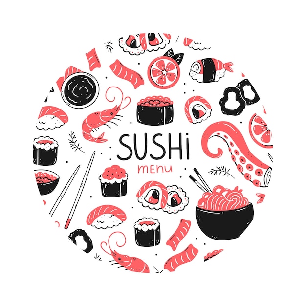 Comida de sushi japonesa Elementos de la cocina asiática en forma redonda Ilustración de comida de concepto de menú de sushi