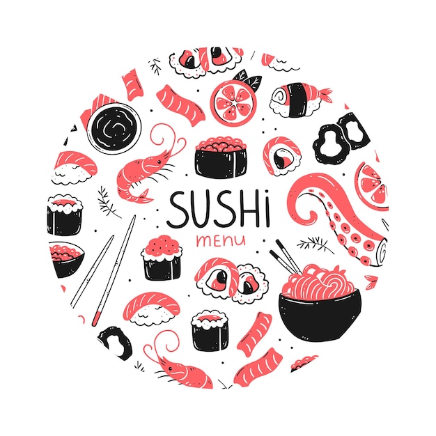 Comida de sushi japonesa elementos de la cocina asiática en forma redonda ilustración de comida de concepto de menú de sushi