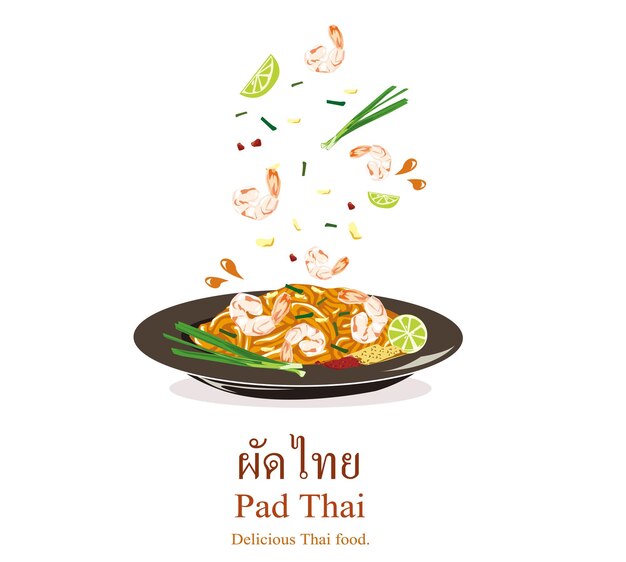 Vector comida tailandesa pad thai revuelve fideos fritos con camarones al estilo padthai aislado sobre fondo blanco