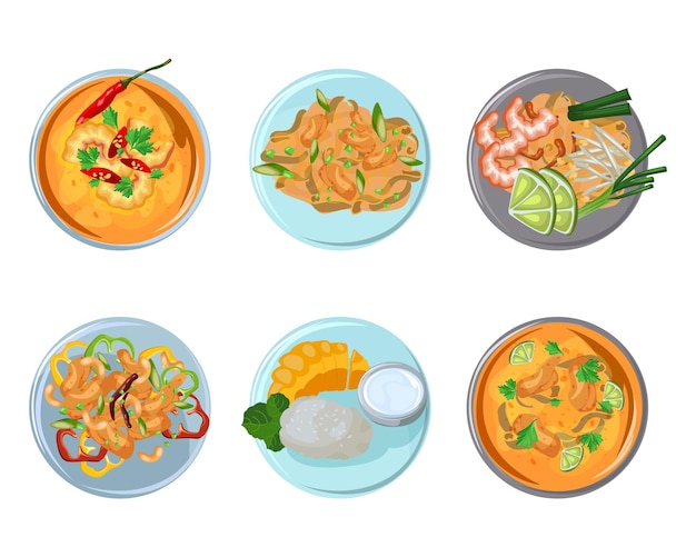 Comida tailandesa en platos. Ilustraciones vectoriales de platos tradicionales asiáticos picantes. Vista superior de dibujos animados de arroz de mango pegajoso, curry con camarones y ensalada aislado en blanco. Concepto de cocina de Tailandia