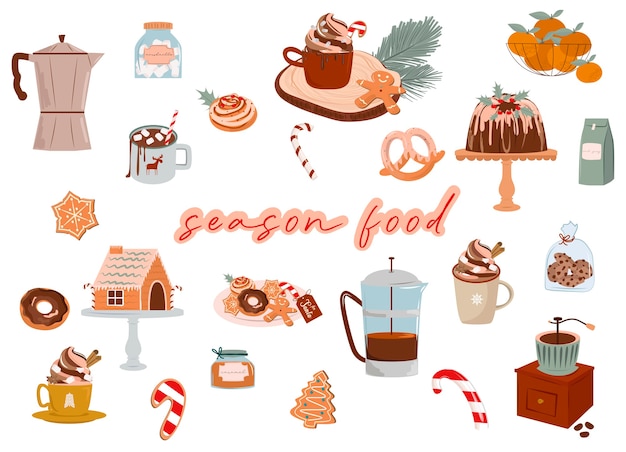 Comida de temporada navideña Dulces dulces cacao bebida caliente galletas de jengibre Ilustración de comida de dibujos animados lindo Ilustración editable