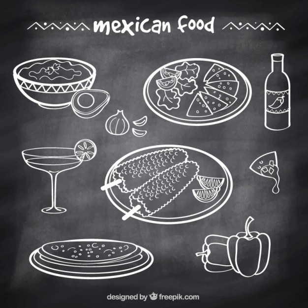 Comida típica mexicana dibujada a mano en estilo pizarra