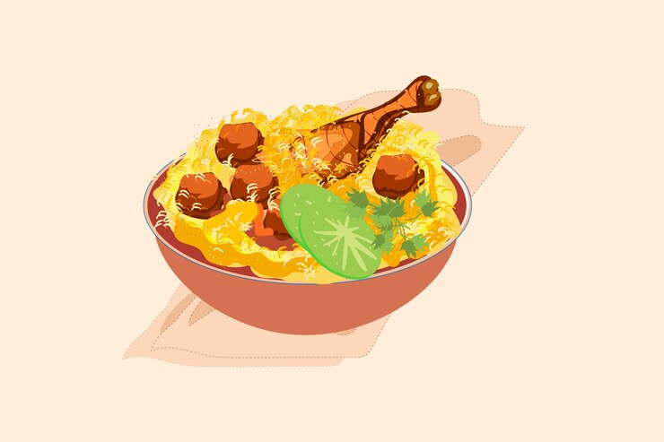 Vector comida tradicional asiática deliciosa biryani de pollo