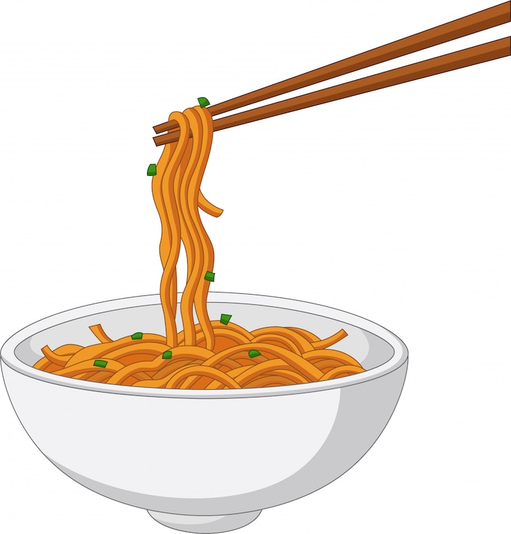 Vector comida tradicional asiática con fideos y palillos