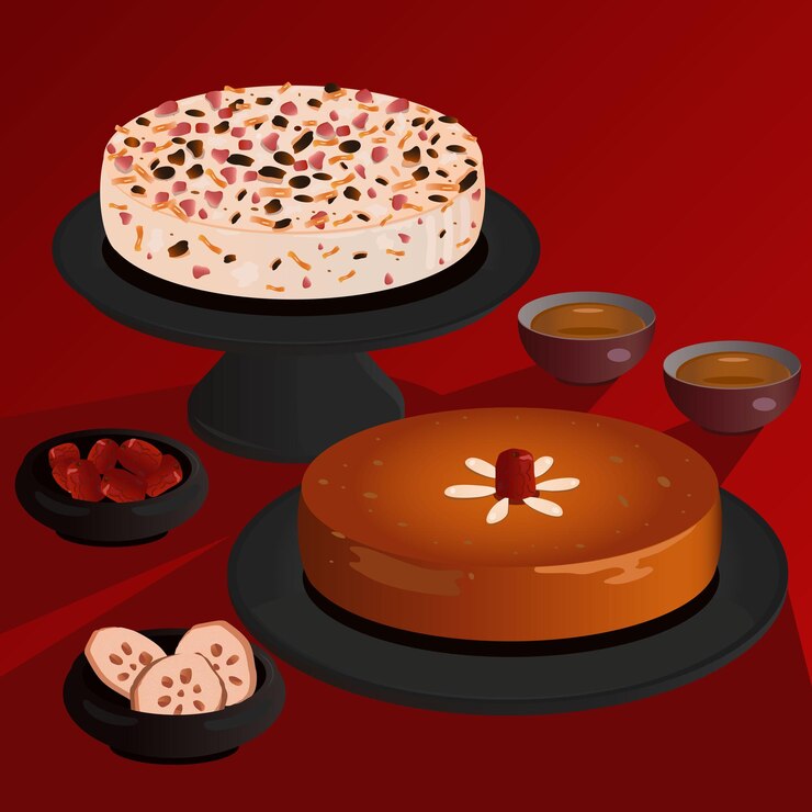Comida tradicional china de Año Nuevo: pastel de arroz y pastel de nabos con té