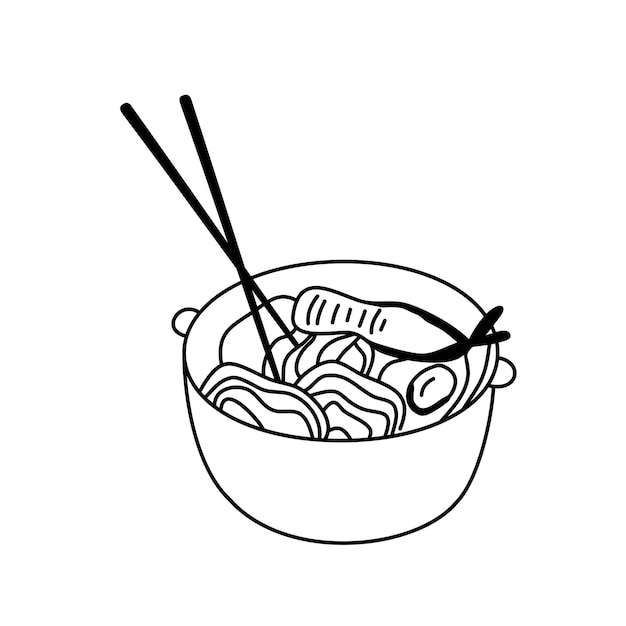 Comida tradicional japonesa Fideos, camarones y palillos Ilustración de garabato simple Bosquejo de esquema de comida asiática aislado en blanco