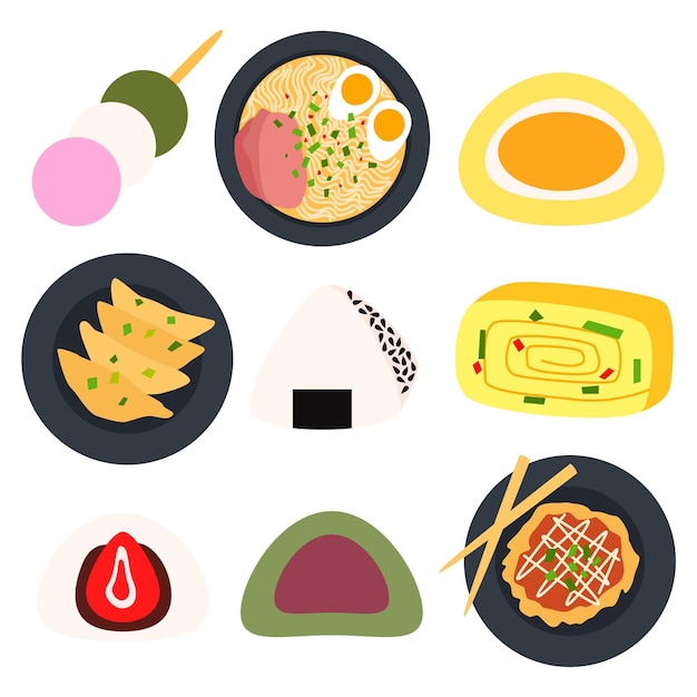 comida tradicional japonesa Gyoza ramen okonomiyaki en plato negro Dango mochi kusa mochi onigiri daifuku tamagoyaki comida asiática en estilo plano detallado
