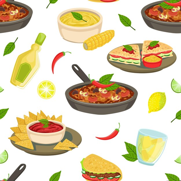 Comida tradicional mexicana patrón sin costuras comida para llevar restaurante o cafetería Elemento de diseño del menú se puede usar para embalaje de papel tapiz Ilustración vectorial de fondo