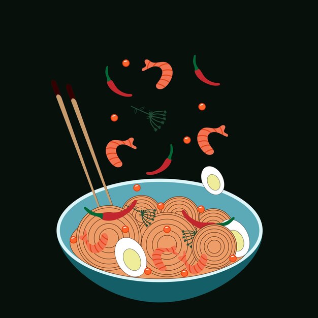 Vector comida tradicional, plato de ramen, sopa asiática.