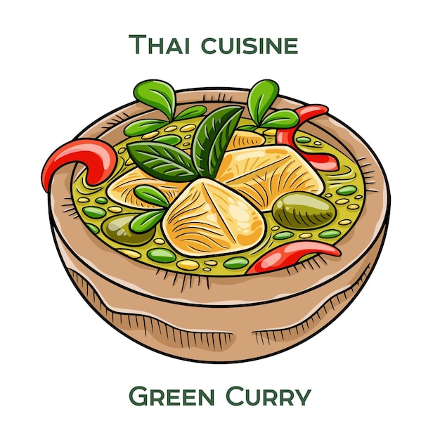 Comida tradicional tailandesa Curry verde sobre fondo blanco Ilustración vectorial aislada