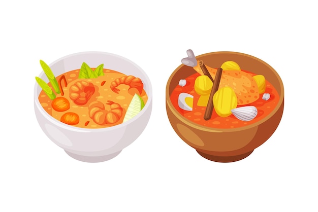 Comida tradicional tailandesa con sopa de camarón y pollo y vapor en un conjunto vectorial de tazón