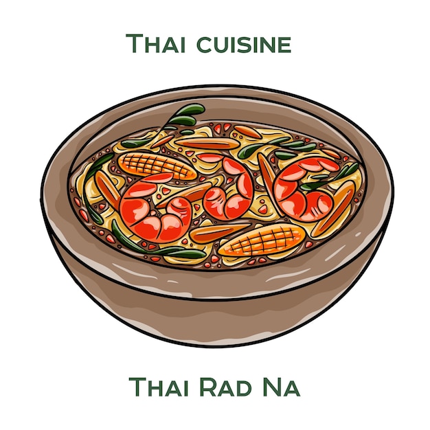 Comida tradicional tailandesa Thai Rad Na en fondo blanco Ilustración vectorial aislada