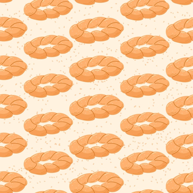 Comida tradicional turca horneada simit bagel con semillas de sésamo Vector patrón sin costuras ilustración plana de producto de panadería
